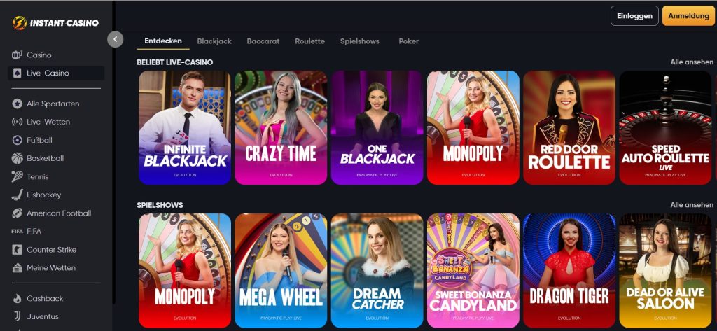 Screenshot der Webseite eines Wettanbieter ohne Lizenz, Instant Casino, mit verschiedenen Werbeaktionen, Navigationsoptionen und farbenfrohen Bannern für Boni und Turniere.