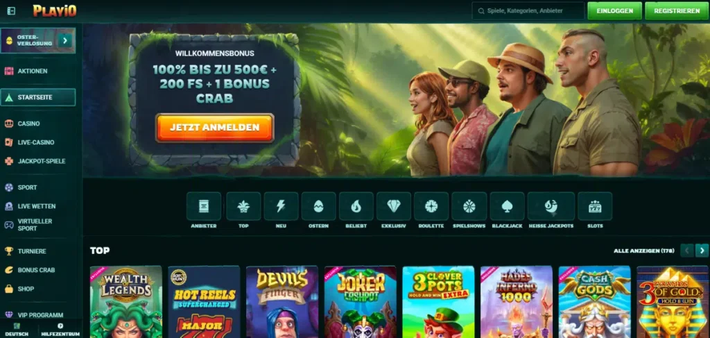 Casino-Website mit einer Vielzahl an Live-Casino-Spielen, darunter Gold Saloon Roulette, Crazy Time und Mega Fire Blaze Roulette Live. Die übersichtliche Navigation bietet Kategorien wie Casino, Live Casino, Jackpots und Sportwetten. Perfekt für Spieler, die ein Casino ohne Anmeldung suchen.