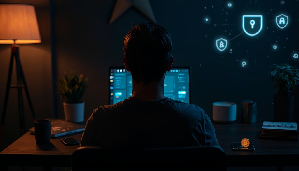 Person arbeitet konzentriert am Computer in einem modernen Raum mit Symbolen für Sicherheit und Kryptowährung – ideal für Inhalte über online casinos ohne oasis und digitale Privatsphäre.