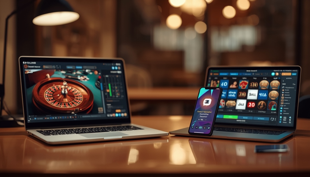 Zwei Laptops mit Live-Roulette und Slot-Spiel zeigen typische Interfaces von online casinos ohne OASIS, daneben ein Smartphone mit App zur Spielkontrolle.
